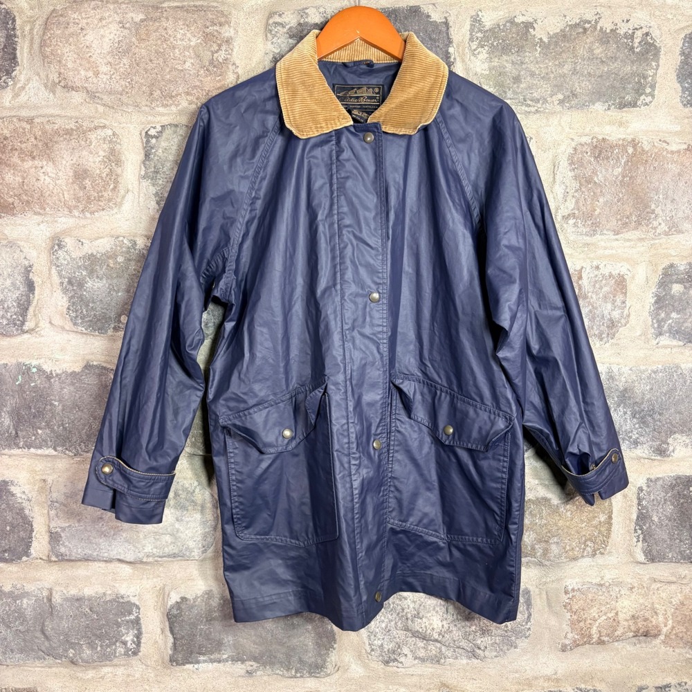 VTG Eddie Bauer Navy Blue Polyvinyl Barn Jacket Corduroy‎ Collar Men's Medium